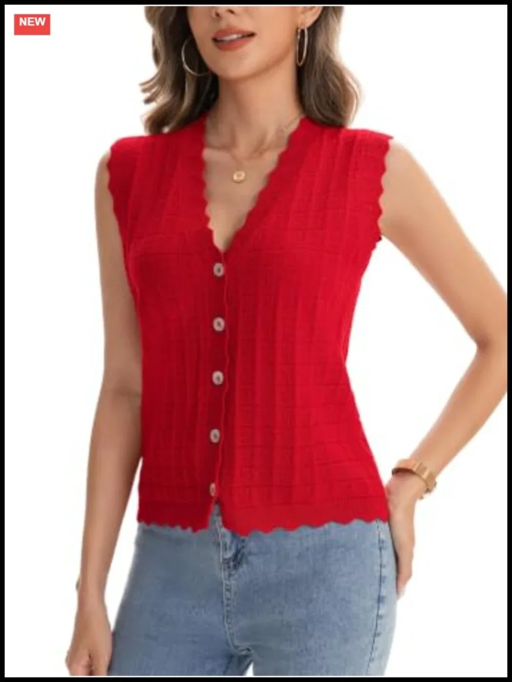 Women's Scallop Edge Waffle Knit Sweater Vest Button Front Sleeveless Cardigan